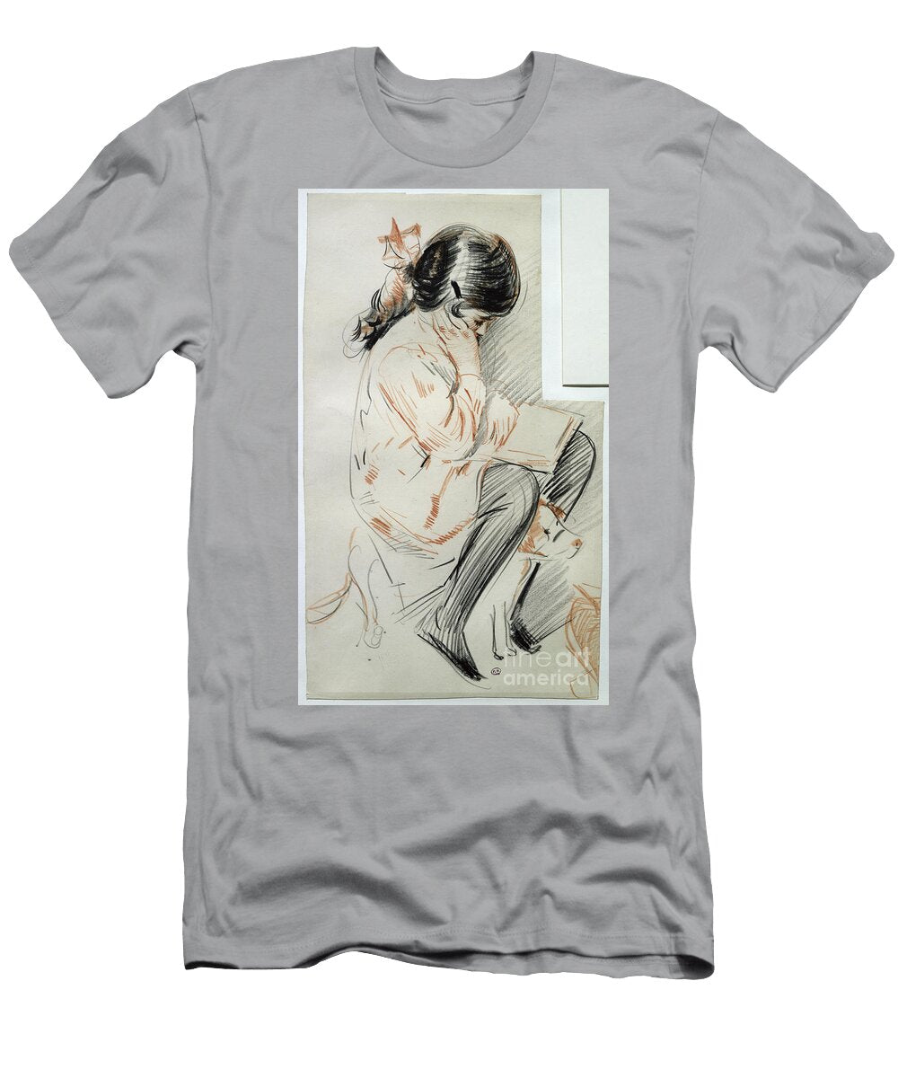 Paulette Reading Sitting on Her Toy Dog By Helleu Paul Cesar Helleu T-Shirt