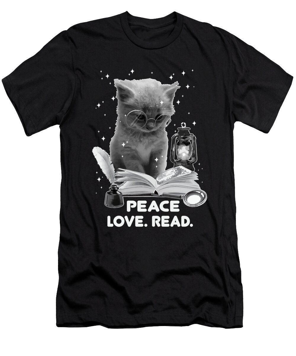 Peace Love Read Bookish Bookaholic Cat Reading a Book Maximus Designs T-Shirt