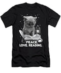 Peace Love Reading Bookish Bookaholic Cat Reading a Book Maximus Designs T-Shirt
