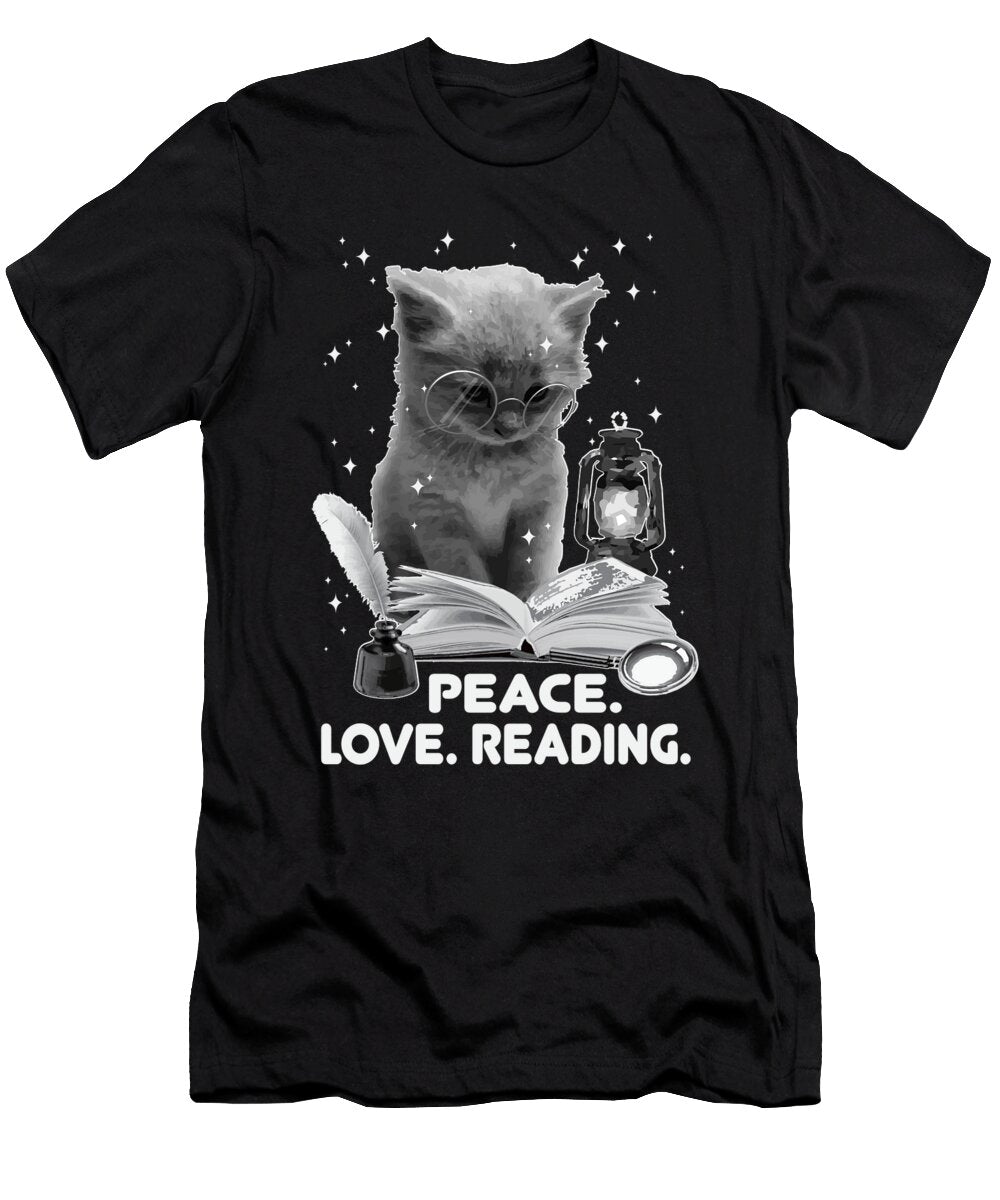 Peace Love Reading Bookish Bookaholic Cat Reading a Book Maximus Designs T-Shirt