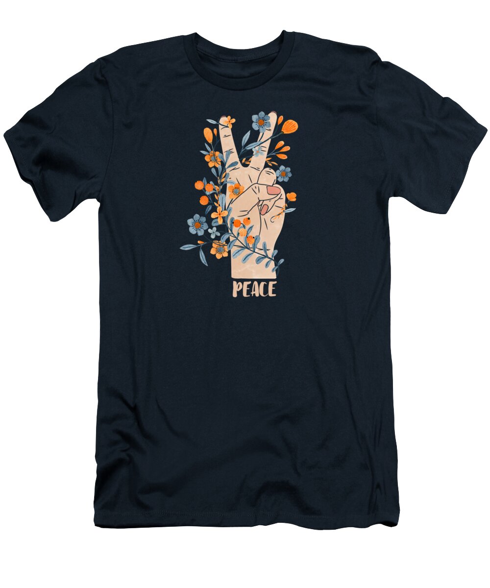 Peace Sign with Orange Flowers Blue Flowers and Vines Little Bunny Sunshine T-Shirt