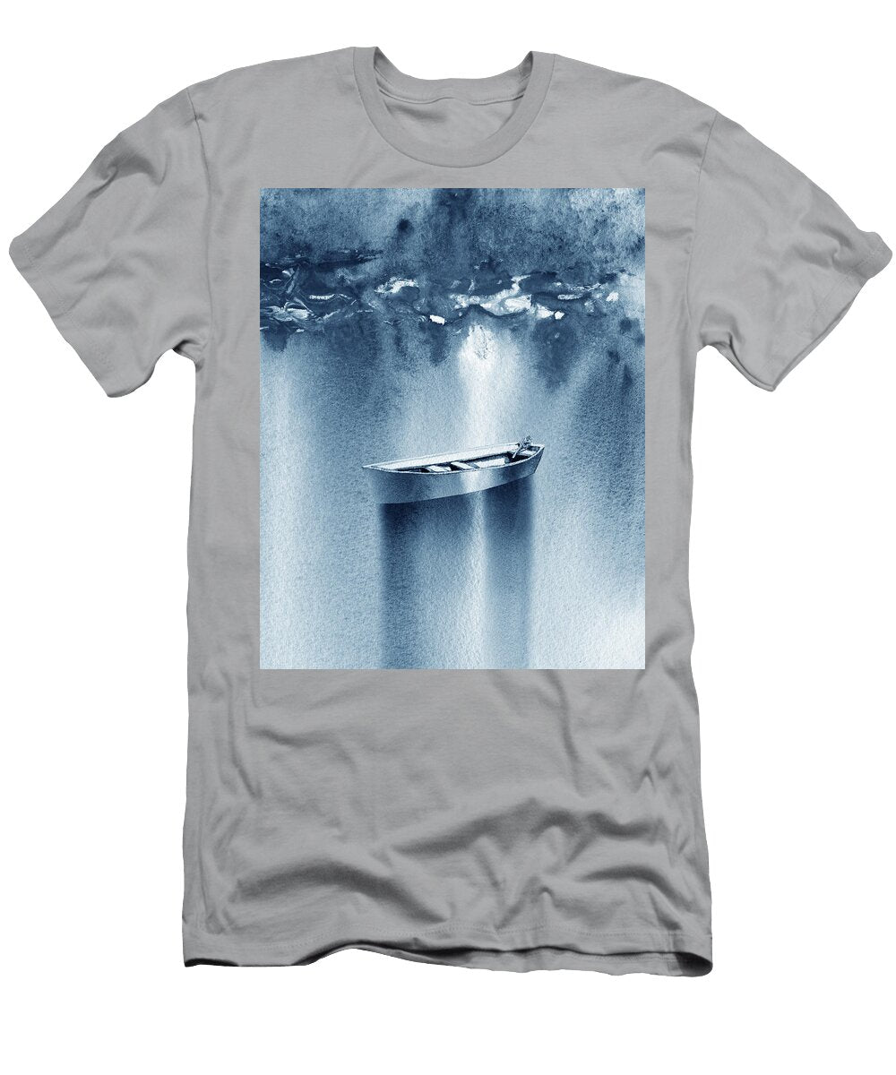Peaceful Calm Soft Indigo Blue Sunrise on the Lake Boat Watercolor Irina Sztukowski T-Shirt