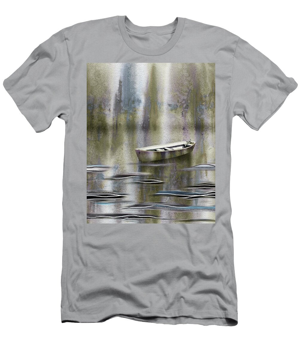 Peaceful Silver Gray Sunrise on the Lake Boat Watercolor I Irina Sztukowski T-Shirt