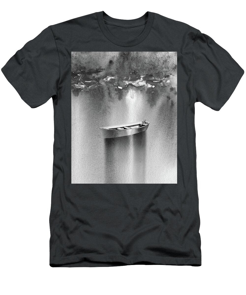 Peaceful Silver Gray Sunrise on the Lake Boat Watercolor Ii Irina Sztukowski T-Shirt