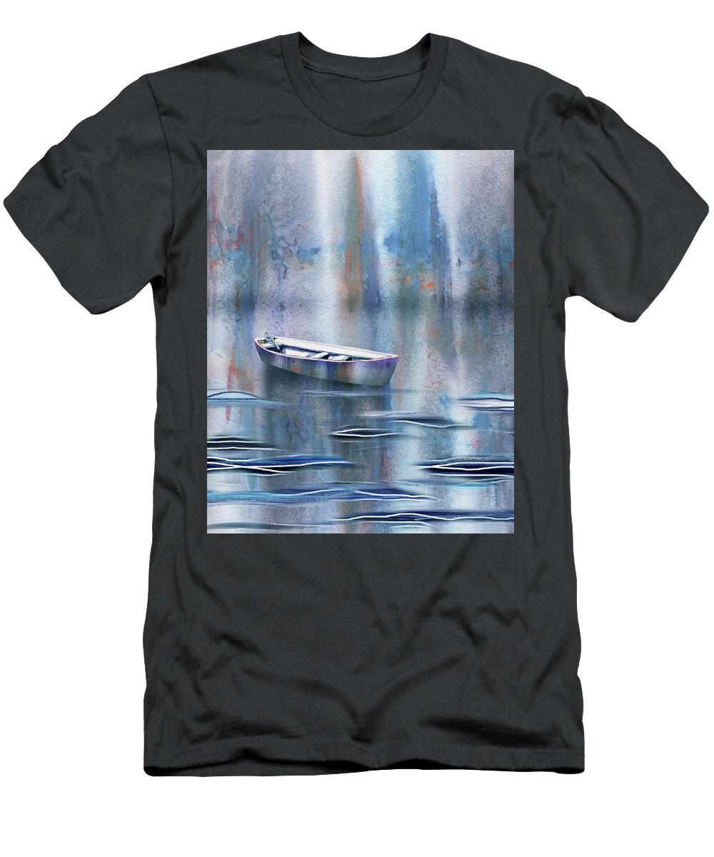 Peaceful Teal Blue Sunrise on the Lake Boat Watercolor I Irina Sztukowski T-Shirt