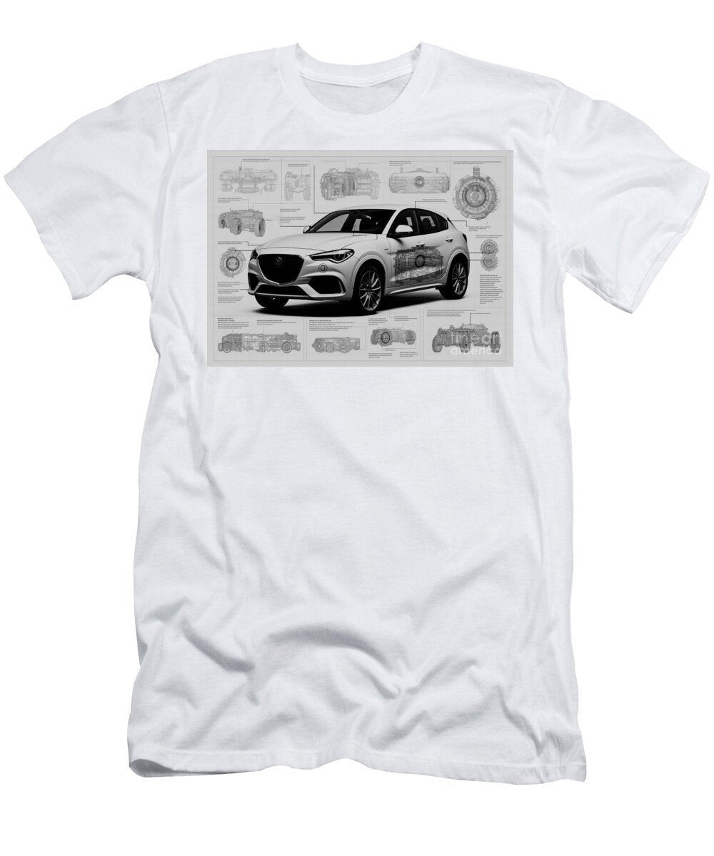 Pencil Stelvio Romeo Vehicle Auto Alfa Geometric Car Sketch Minimal Monochrome Quadrifoglio Clint Mclaughlin T-Shirt