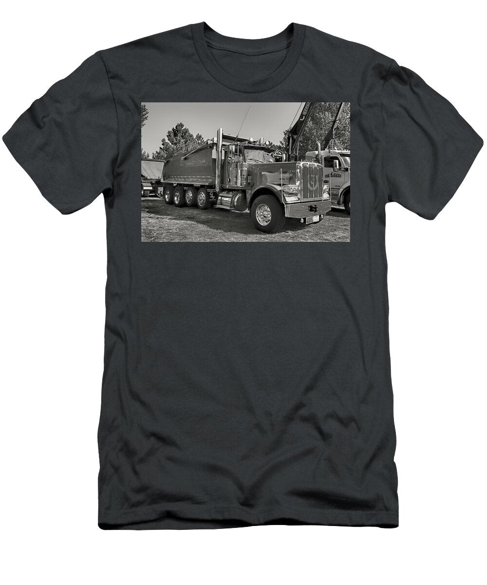 Peterbilt Semi Dump Truck Black and White Nick Gray T-Shirt