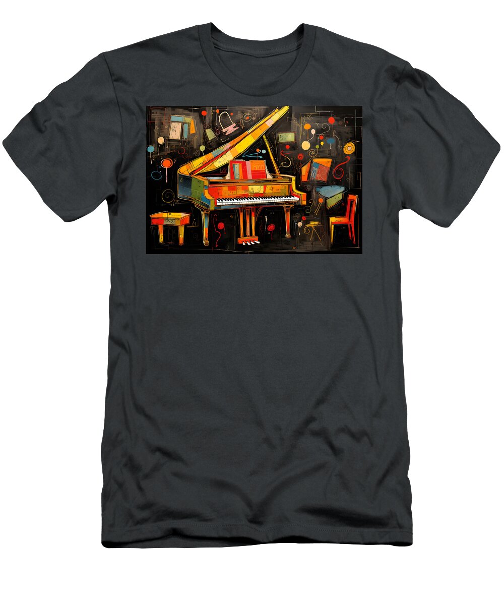 Piano Sonata Contemporary Keyboard Illustration and Harmony in Keys on a Dark Canvas Olfactoart Studio T-Shirt