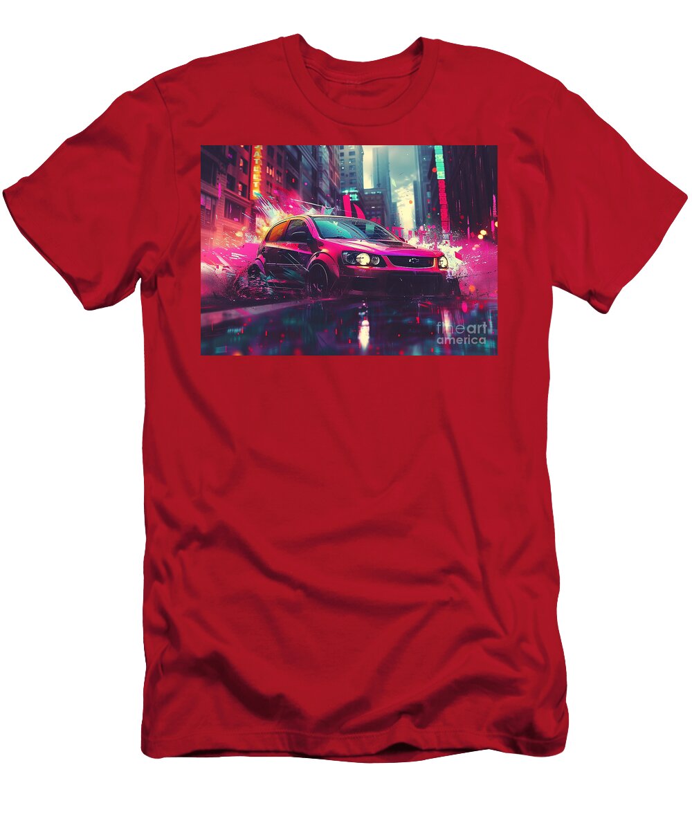 Pink Car Drifts Through Neon City Lowell Harann T-Shirt