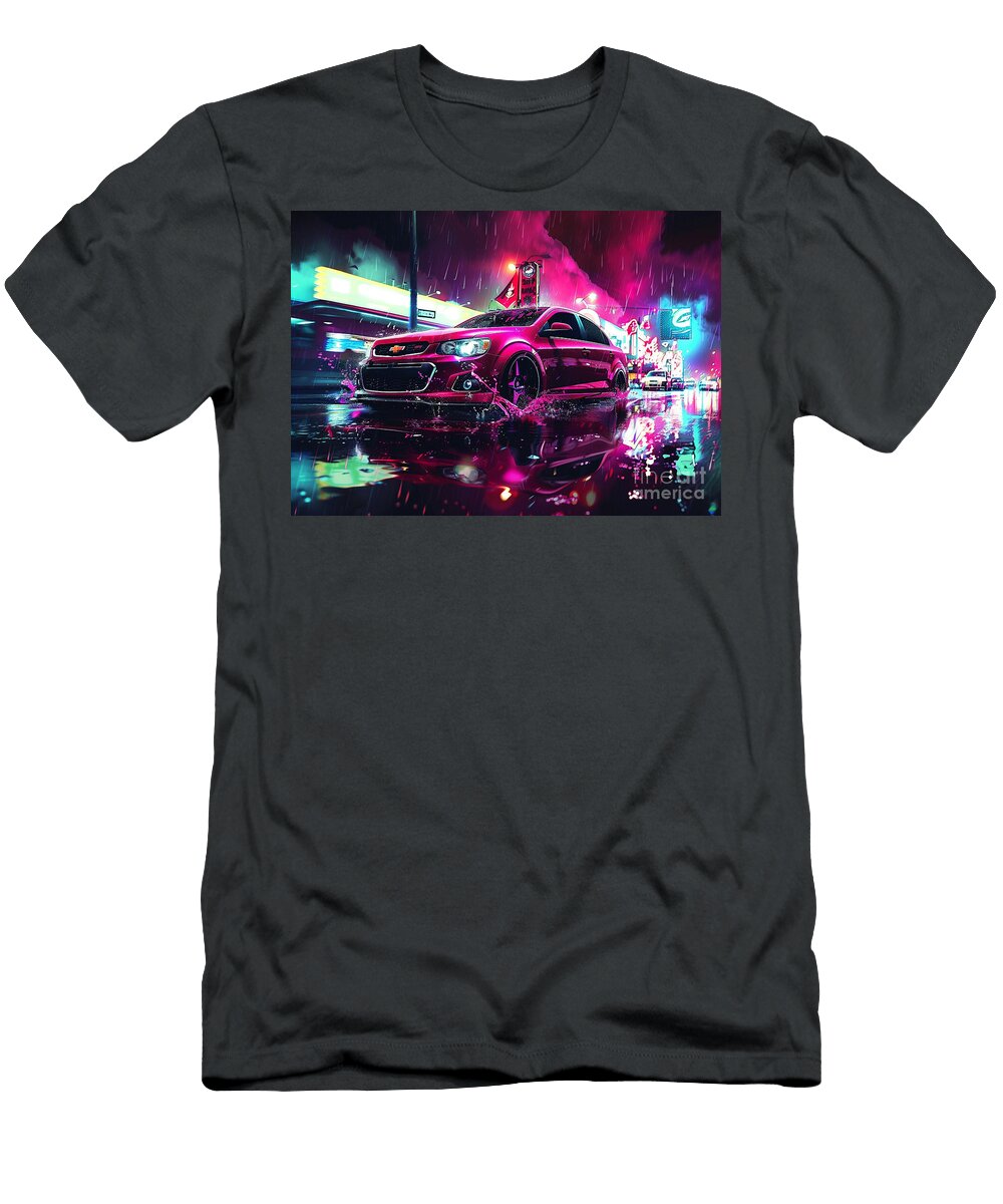 Pink Car Driving Through Neon City Under Rain Lowell Harann T-Shirt