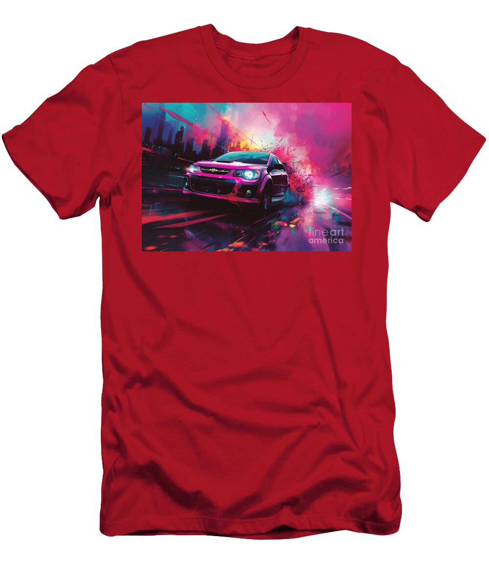 Pink Car Speeding Through Cityscape with Neon Lights Lowell Harann T-Shirt