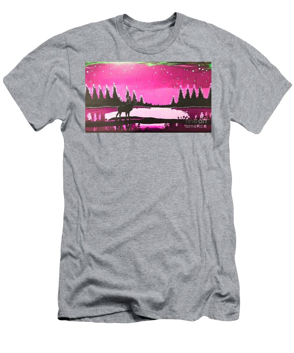 Pink Delight Painting Pink Black Star Trees Water Lake Magenta Moose Blue Constellations Darkness Drifts Fence Fir Green Houses Light Light From Windows Lilac Mountain Village Mountains Night North N Akkash T-Shirt