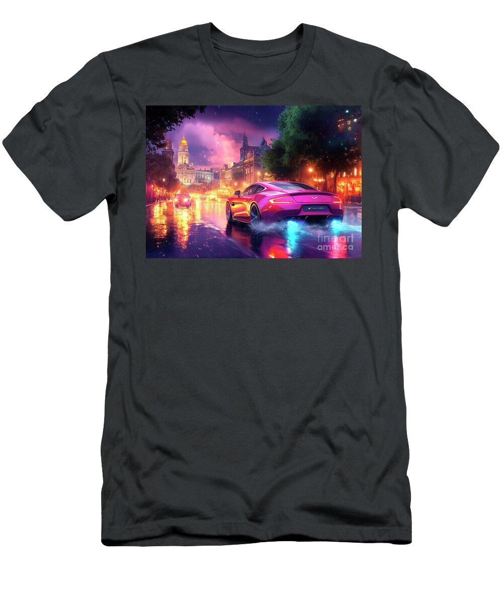Pink Sports Aston Martin Vanquish Car Driving Through City At Night Clark Leffler T-Shirt
