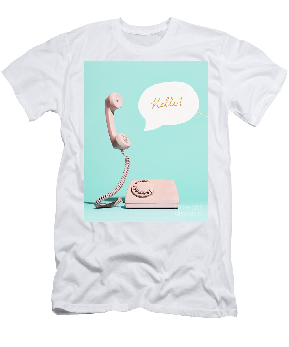 Pink Vintage Phone and Speech Bubble Saying Hello Michal Bednarek T-Shirt
