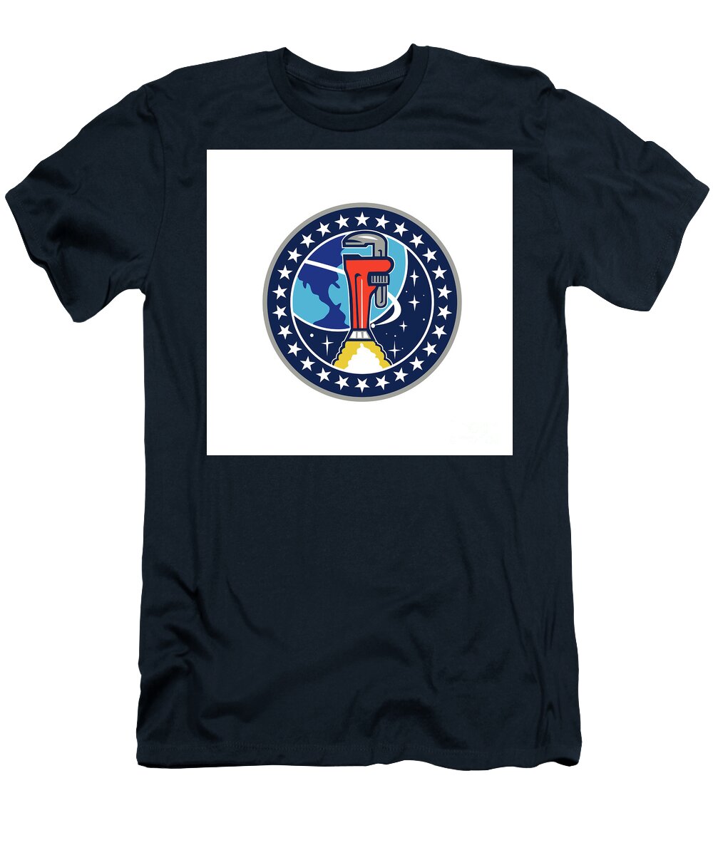 Pipe Wrench Rocket Booster Orbit Earth Circle Retro Aloysius Patrimonio T-Shirt