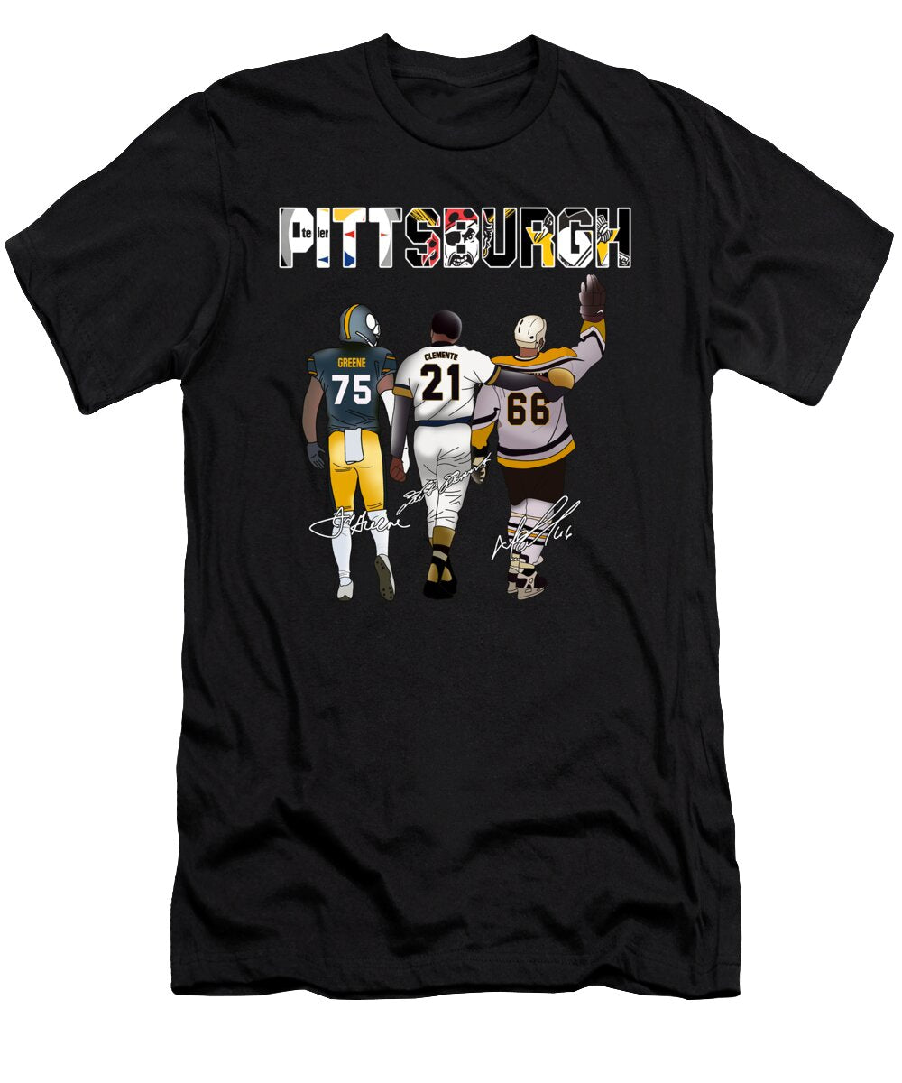 Pittsburgh Steelers Joe Greene Pirates Roberto Clemente Penguins Mario Lemieux Friendship Signature Shirtpng Th T-Shirt