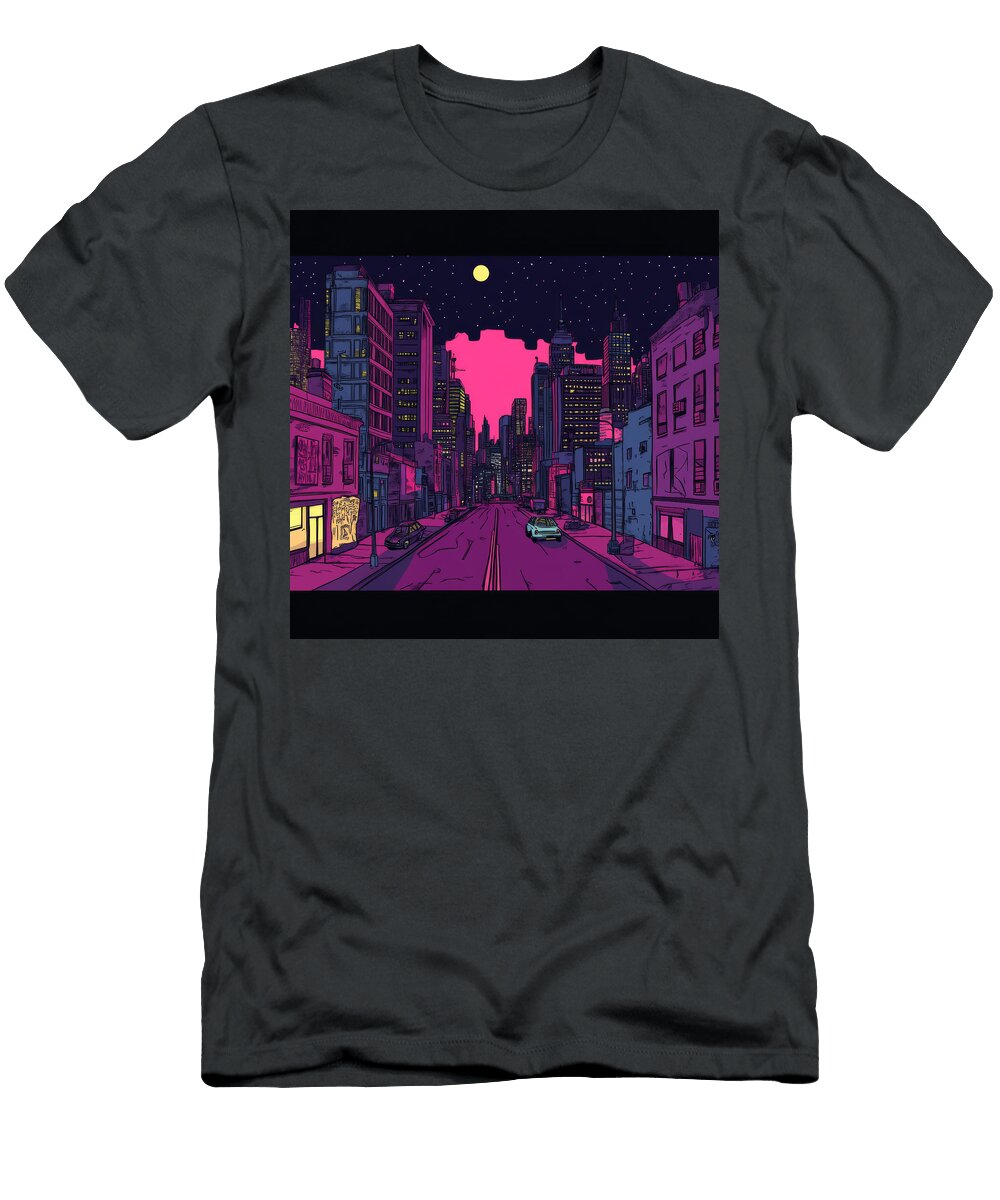 Pixel Art Cityscape At Night with Pink and Purple Hues Elana Nessie T-Shirt