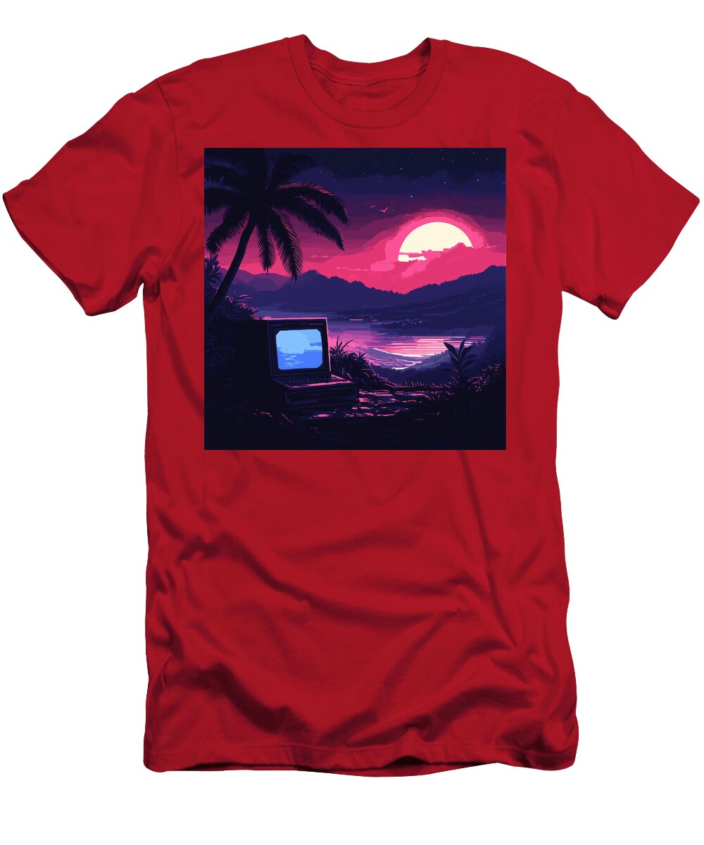 Pixel Art of a Retro Computer Overlooking a Tropical Sunset Elana Nessie T-Shirt