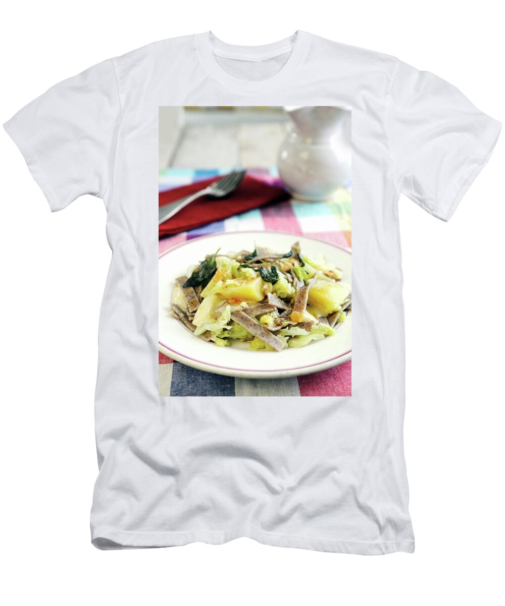 Pizzocheri Della Valtellina Buckwheat Pasta Italy with Cheese Cabbage Potatoes and Sage Butter Mario Matassa T-Shirt