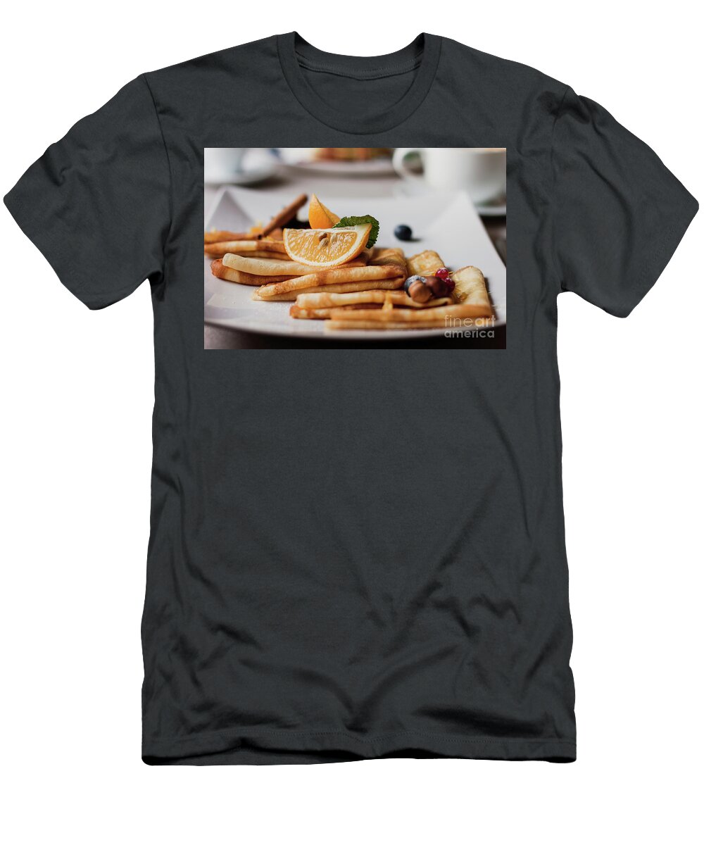 Plate of Pancakes Nuts and Blueberries Oranges Pieces Shrovetide Maslenitsa Butter Week Festival Meal Shrove Tuesday Maryna Karavaieva T-Shirt