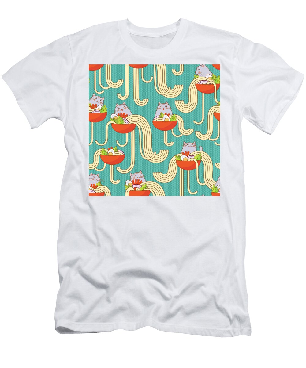 Plates of Noodles and Funny Cats Noodles with Spices and Vegetables Turquoise Background Cute Design Julien T-Shirt