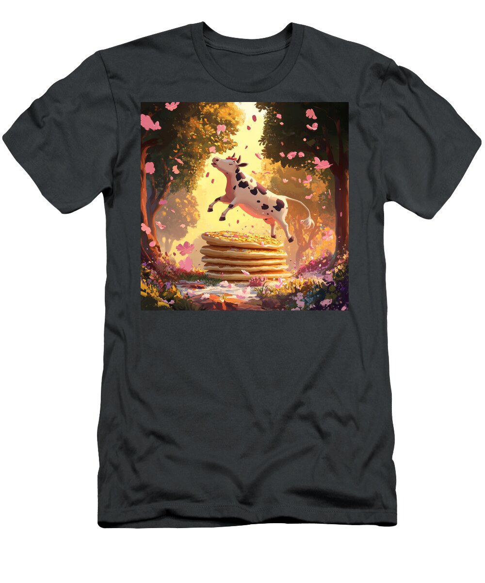 Playful Cow Leaping Over a Stack of Pancakes in a Whimsical Fore Cornelis Boje T-Shirt