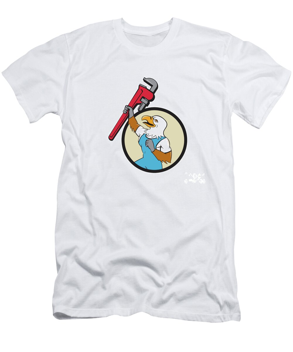 Plumber Eagle Raising Up Pipe Wrench Circle Cartoon Aloysius Patrimonio T-Shirt