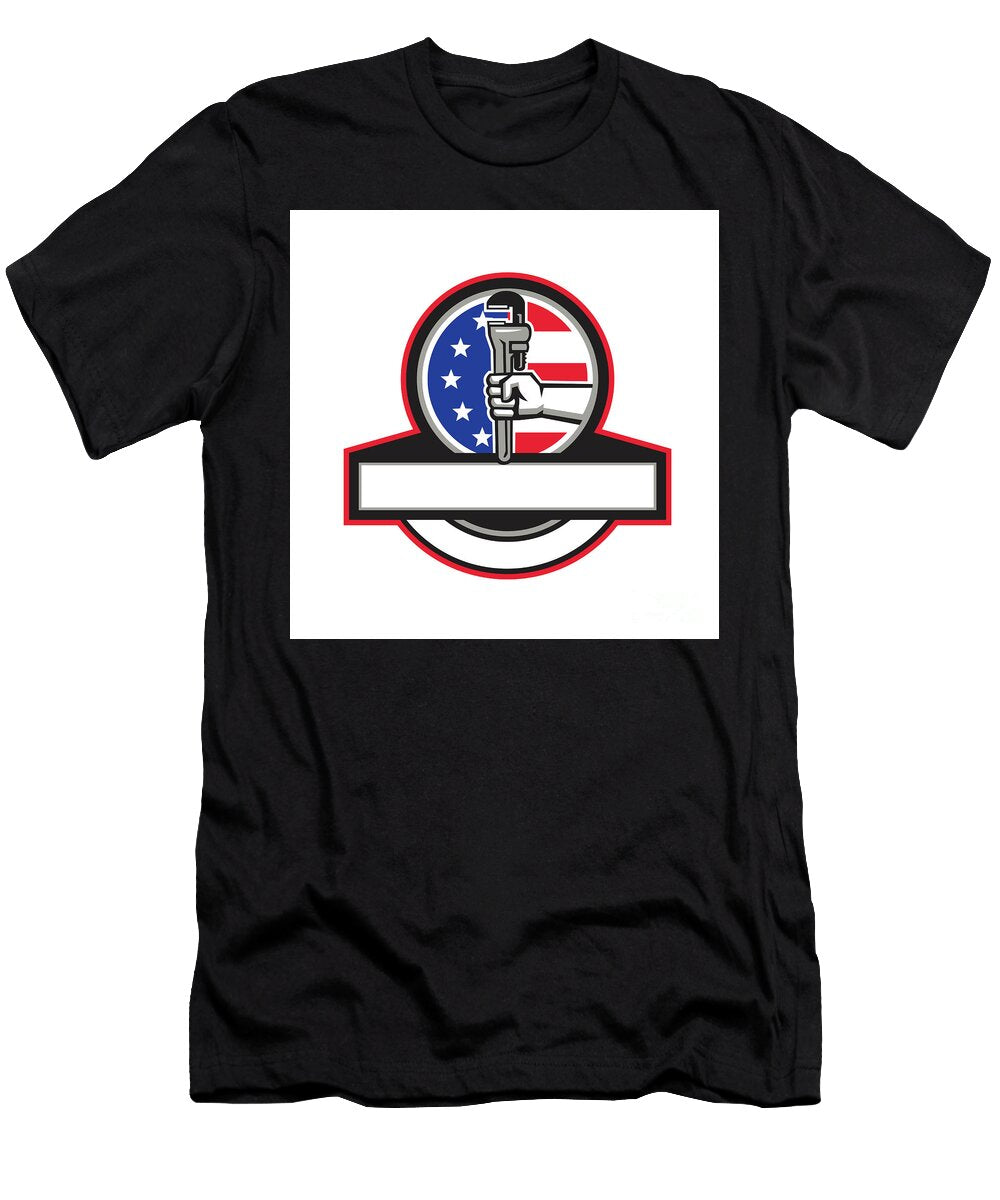 Plumber Hand Holding Pipe Wrench Flag Circle Banner Retro Aloysius Patrimonio T-Shirt