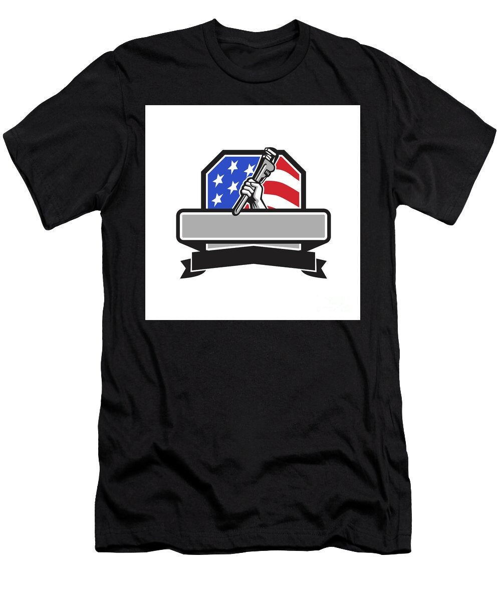 Plumber Hand Holding Pipe Wrench USA Flag Crest Retro Aloysius Patrimonio T-Shirt