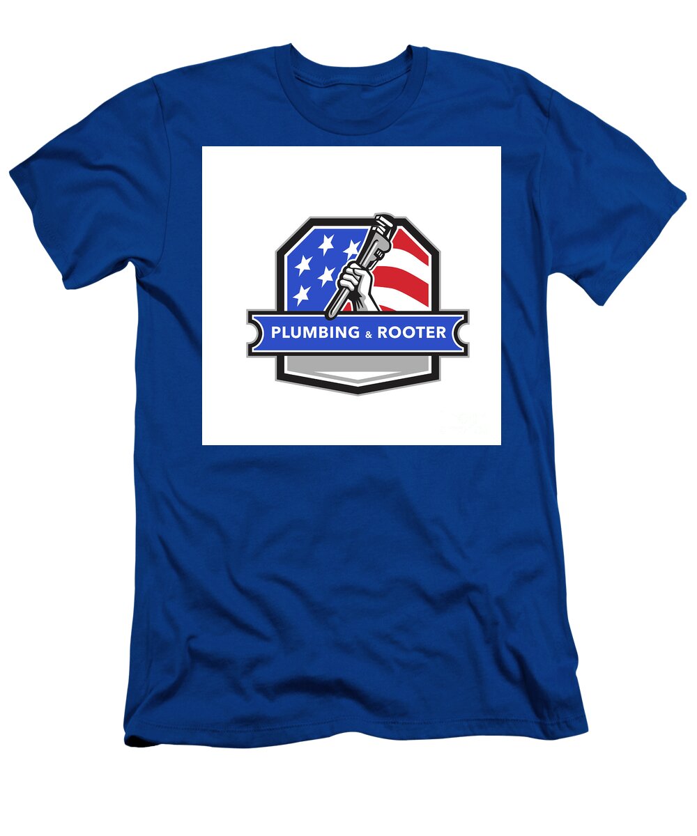 Plumber Hand Pipe Wrench USA Flag Crest Retro Aloysius Patrimonio T-Shirt