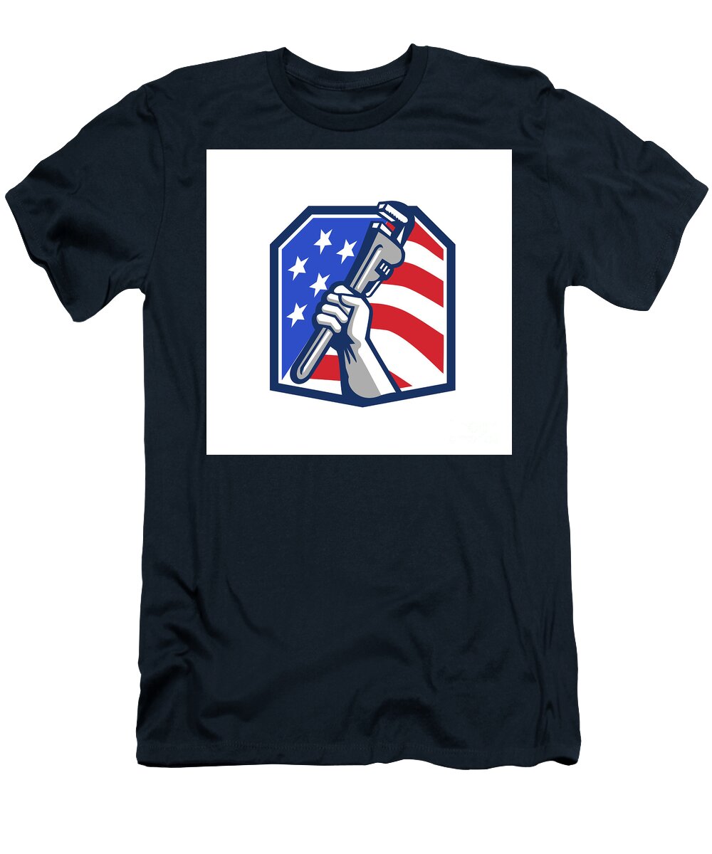 Plumber Hand Pipe Wrench USA Flag Retro Aloysius Patrimonio T-Shirt