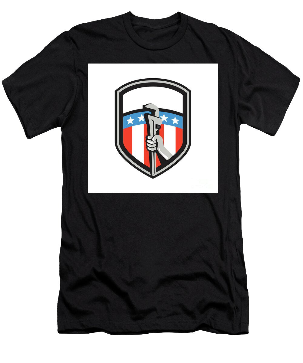 Plumber Hand Pipe Wrench USA Flag Shield Retro Aloysius Patrimonio T-Shirt