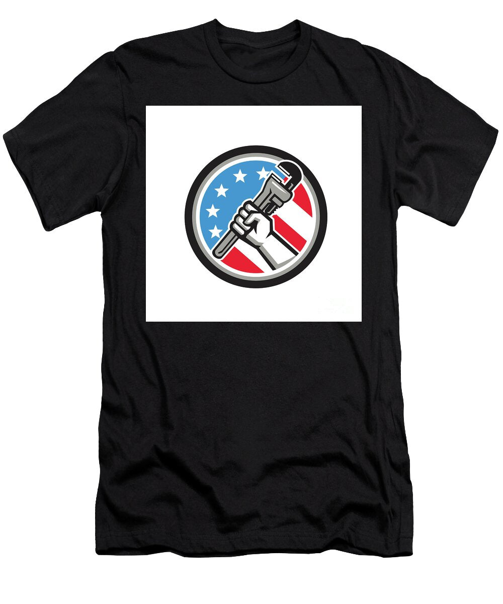 Plumber Hand Pipe Wrench USA Flag Side Angled Circle Aloysius Patrimonio T-Shirt