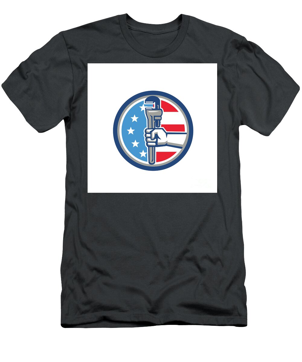 Plumber Hand Pipe Wrench USA Flag Upright Circle Retro Aloysius Patrimonio T-Shirt