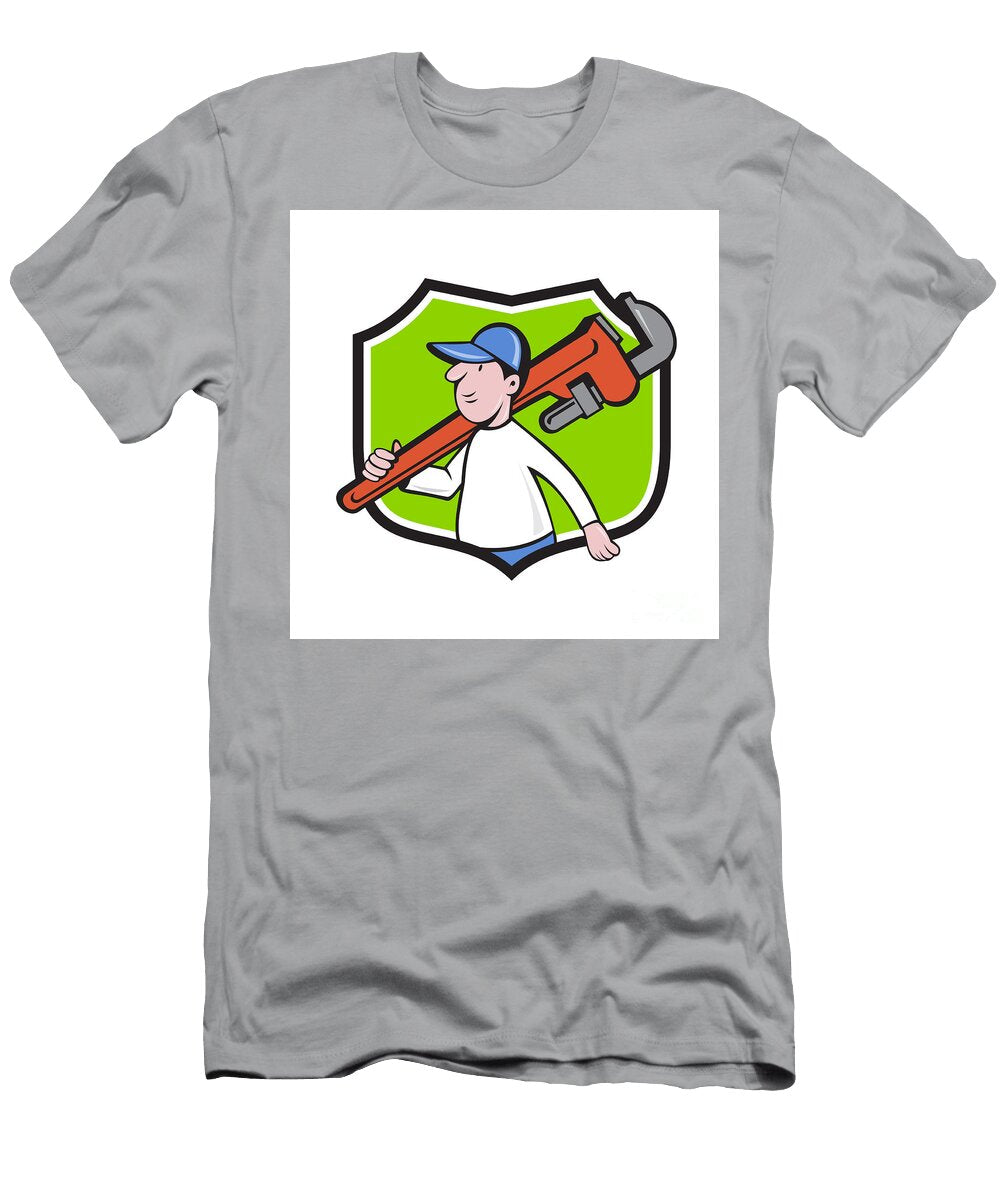Plumber Holding Monkey Wrench Crest Cartoon Aloysius Patrimonio T-Shirt