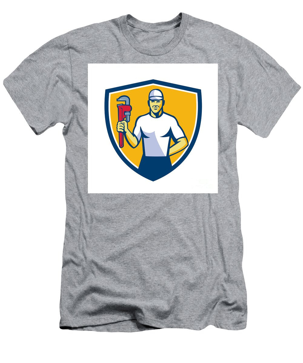Plumber Holding Monkey Wrench Shield Retro Aloysius Patrimonio T-Shirt