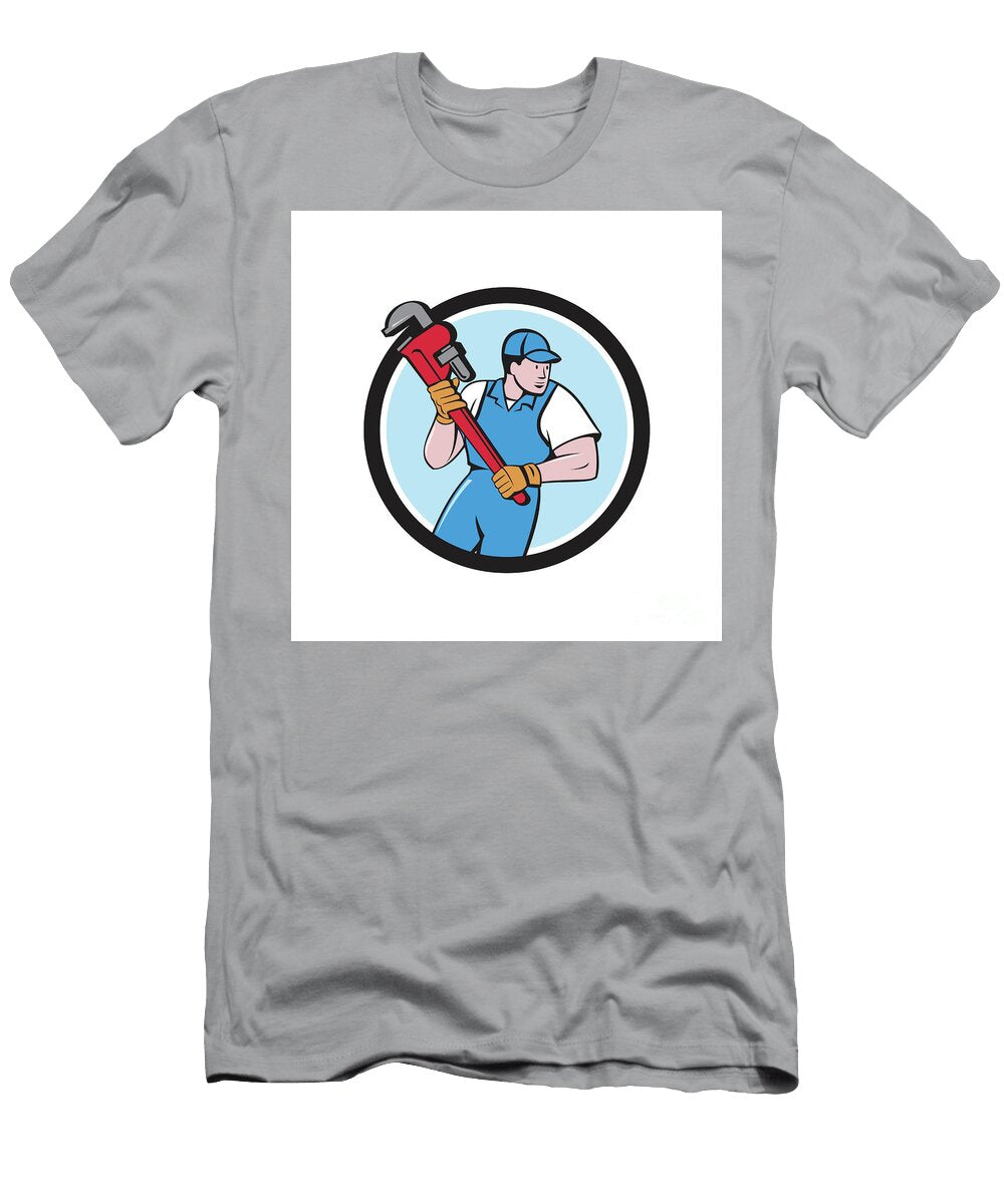 Plumber Holding Pipe Wrench Circle Cartoon Aloysius Patrimonio T-Shirt