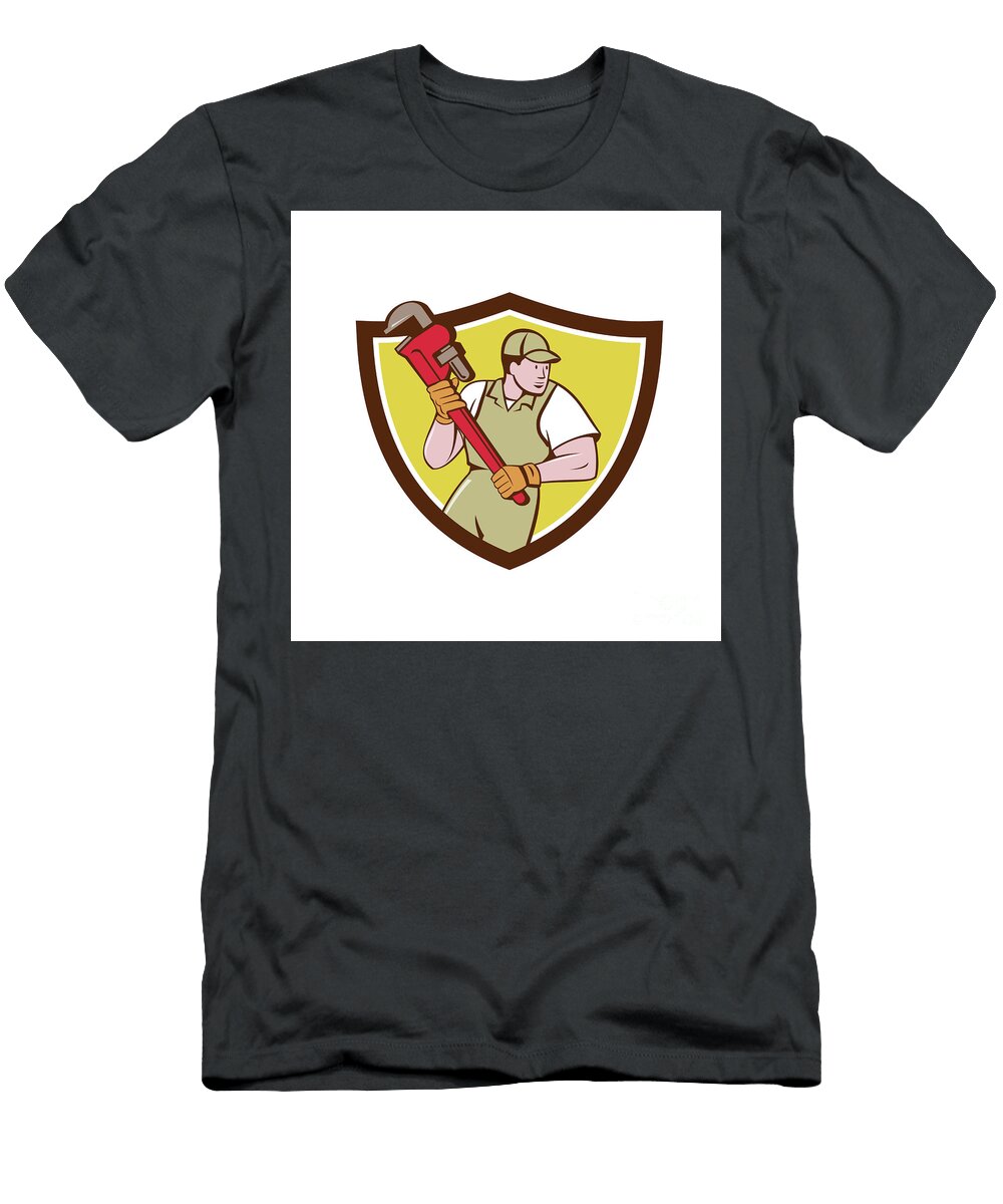 Plumber Holding Pipe Wrench Crest Cartoon Aloysius Patrimonio T-Shirt