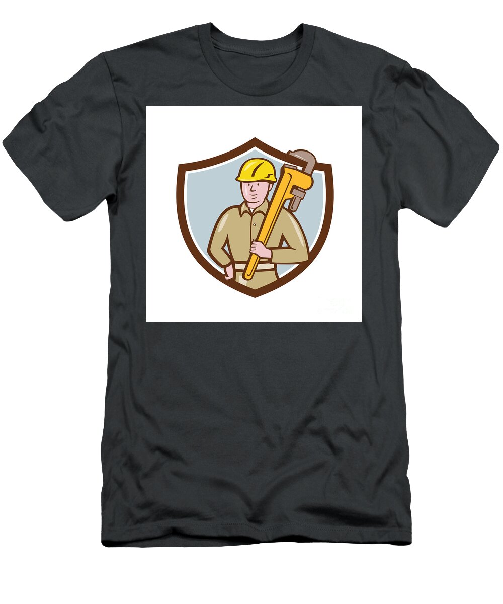 Plumber Holding Wrench Crest Cartoon Aloysius Patrimonio T-Shirt