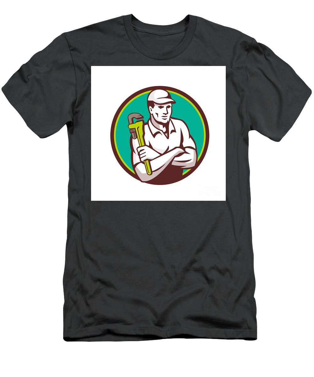 Plumber Monkey Wrench Arms Crossed Circle Retro Aloysius Patrimonio T-Shirt