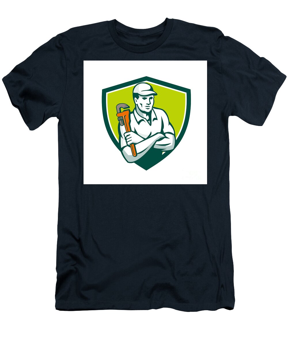 Plumber Monkey Wrench Arms Crossed Shield Retro Aloysius Patrimonio T-Shirt