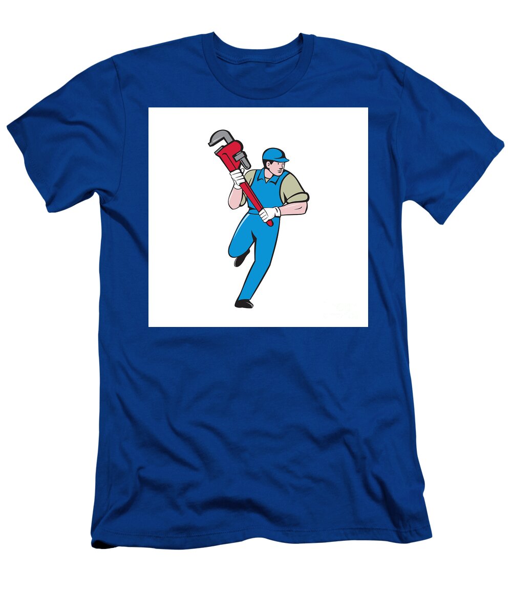 Plumber Running Monkey Wrench Cartoon Aloysius Patrimonio T-Shirt