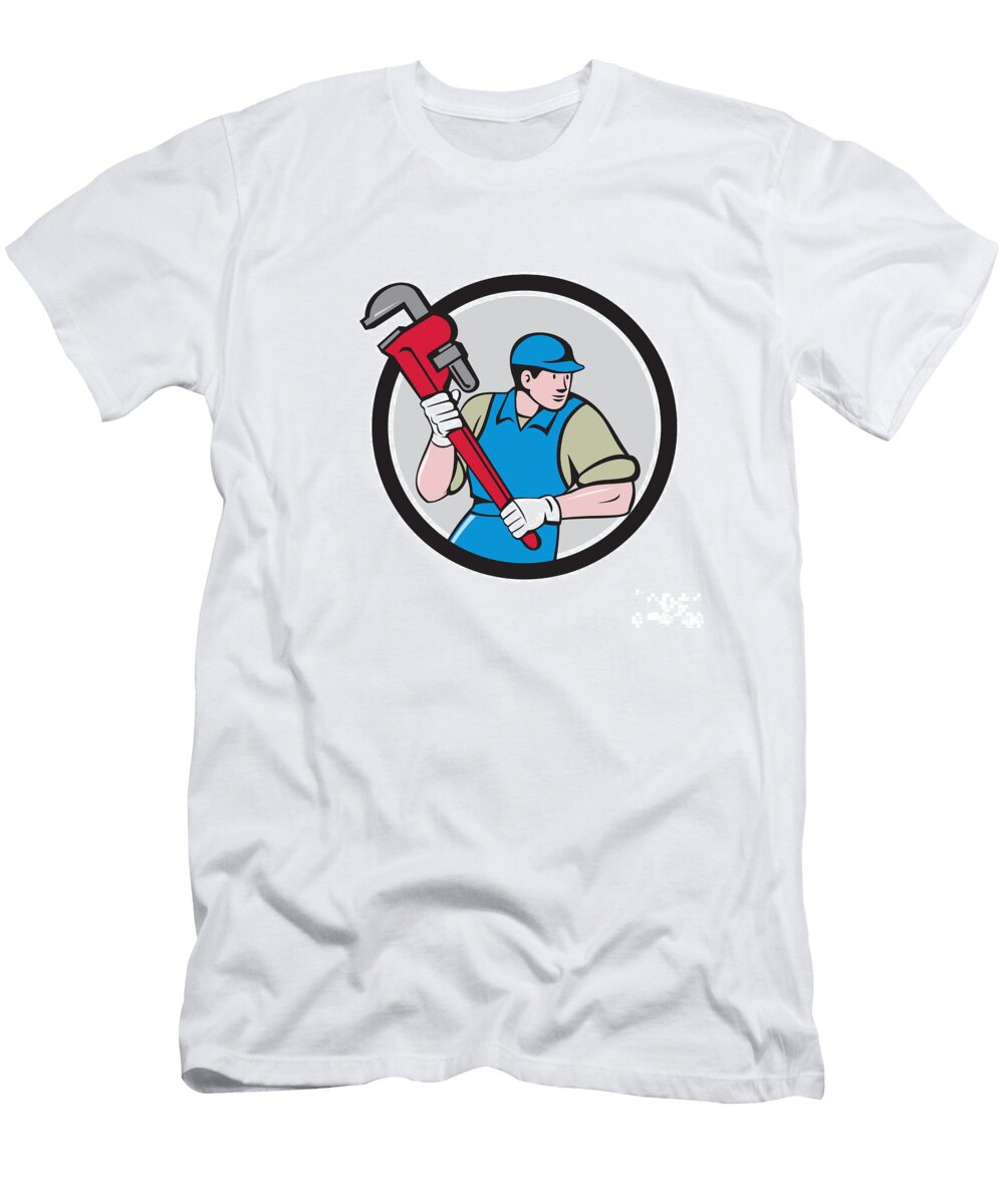 Plumber Running Monkey Wrench Circle Cartoon Aloysius Patrimonio T-Shirt
