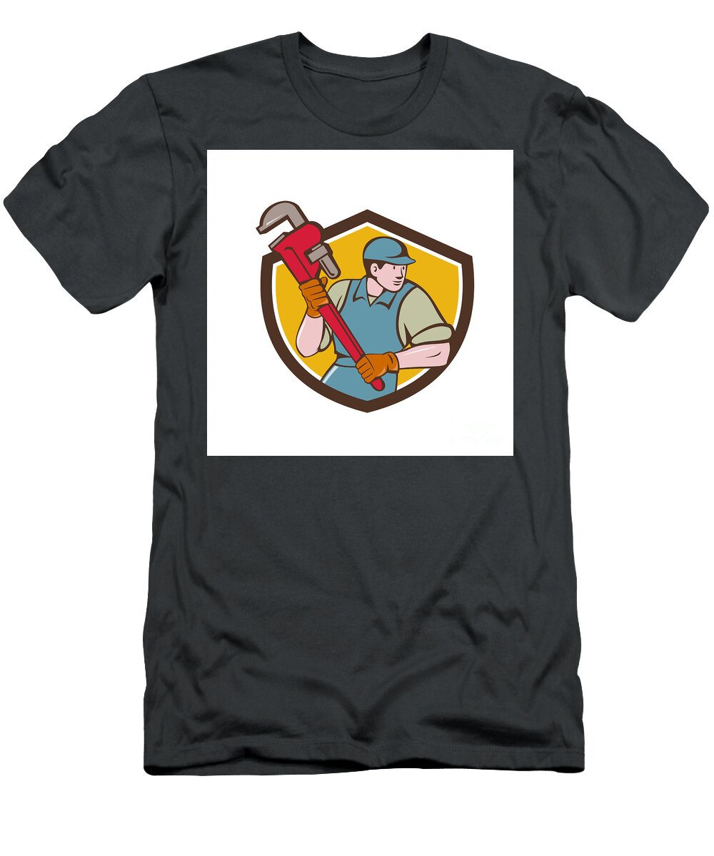 Plumber Running Monkey Wrench Crest Cartoon Aloysius Patrimonio T-Shirt