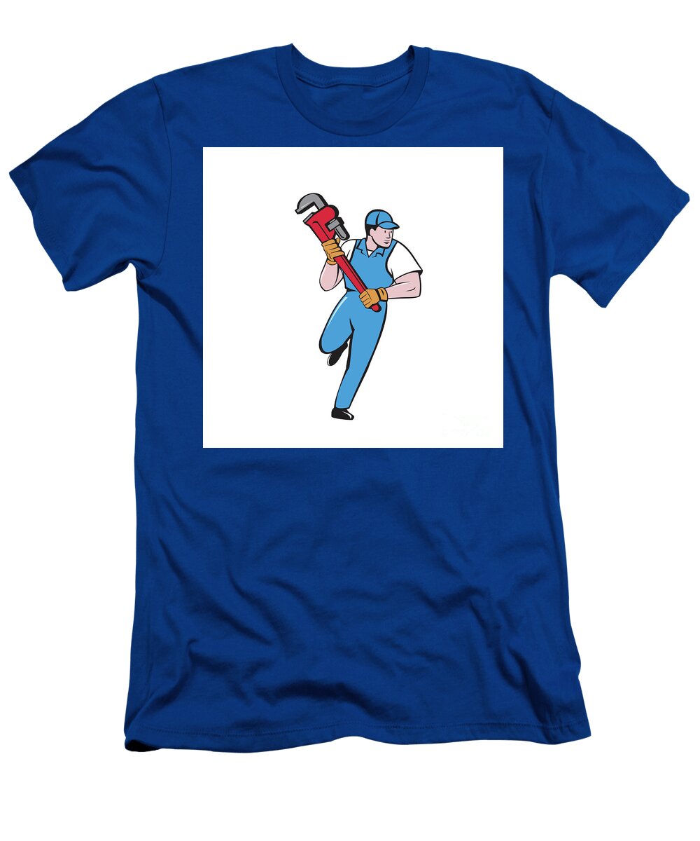 Plumber Running Pipe Wrench Cartoon Aloysius Patrimonio T-Shirt