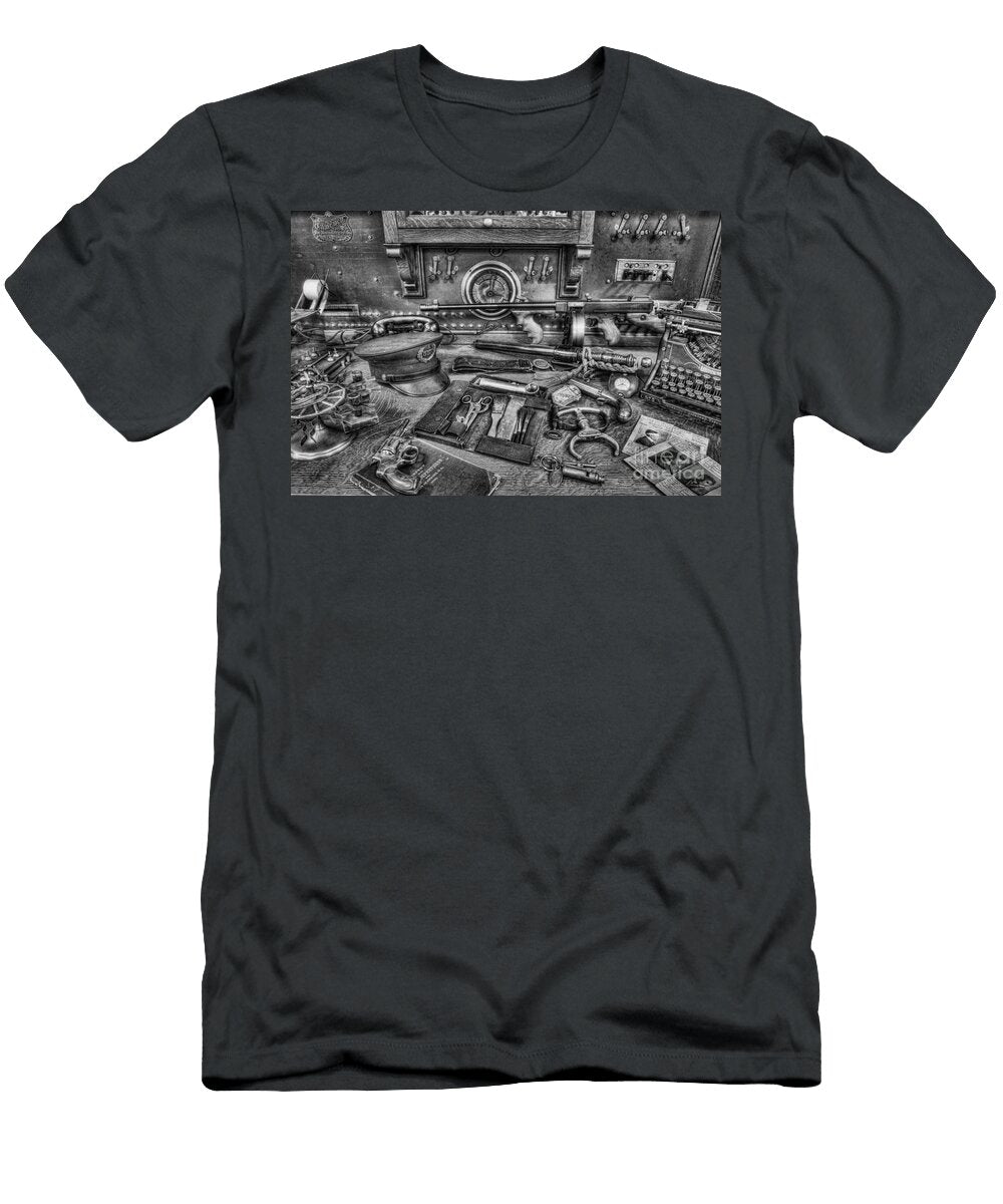 Police Behind the Front Desk Black and White Lee Dos Santos T-Shirt