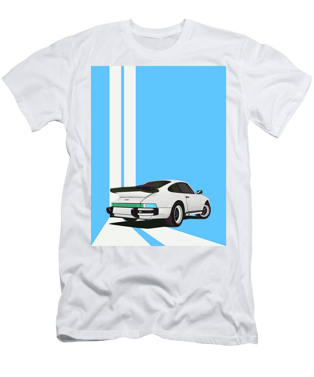 Porsche 911 930 Classic Poster Light Blue Background Thespeedart T-Shirt