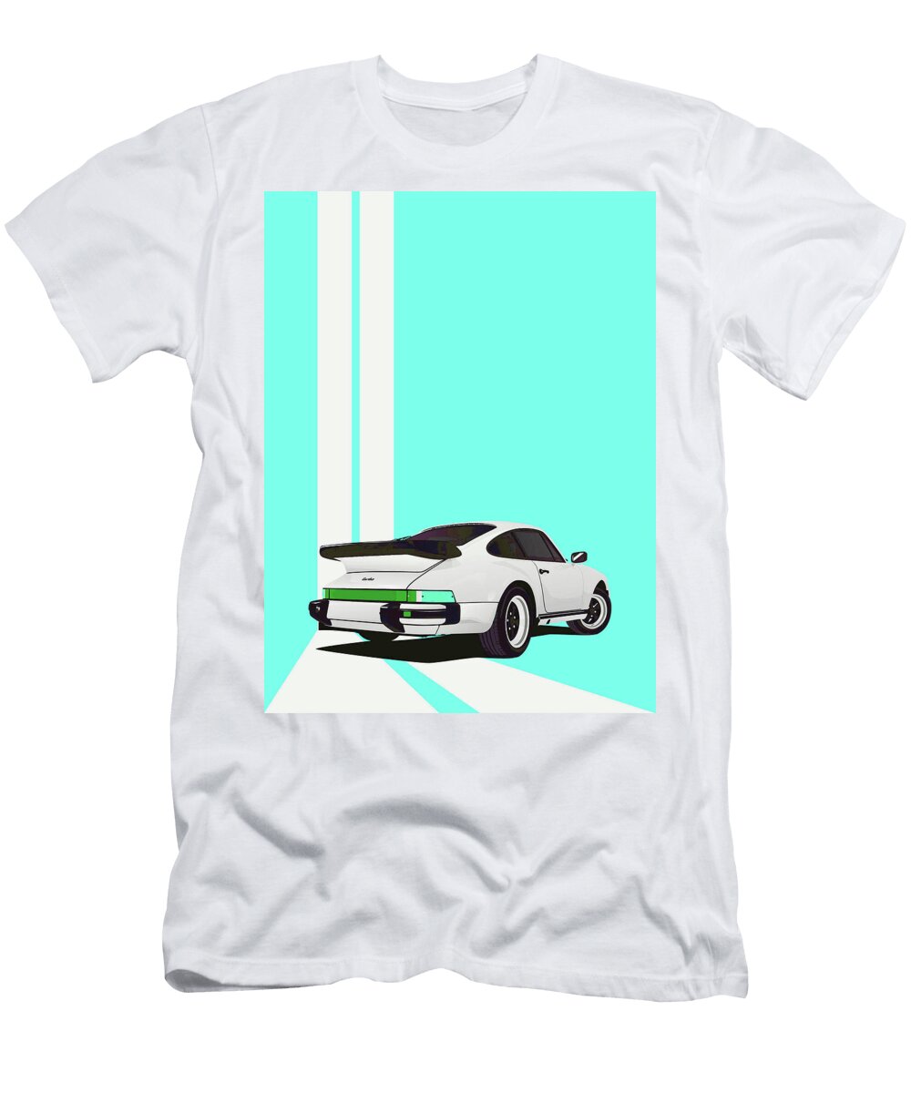 Porsche 911 930 Classic Poster Light Blue Cyan Background Thespeedart T-Shirt