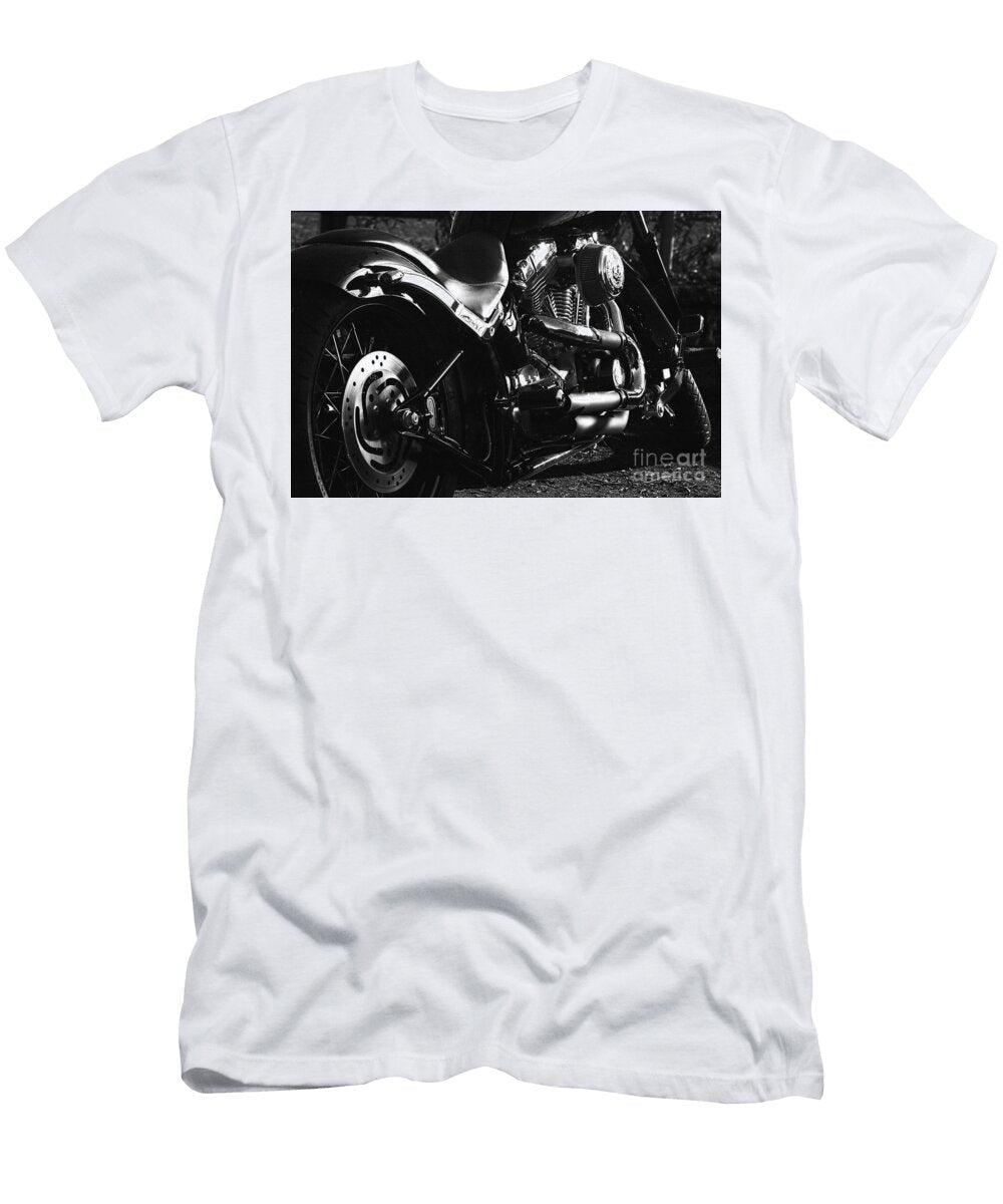 Powerful Black Cruiser Motorcycle Engine and Wheel Detail Black and White Dmr Filho T-Shirt