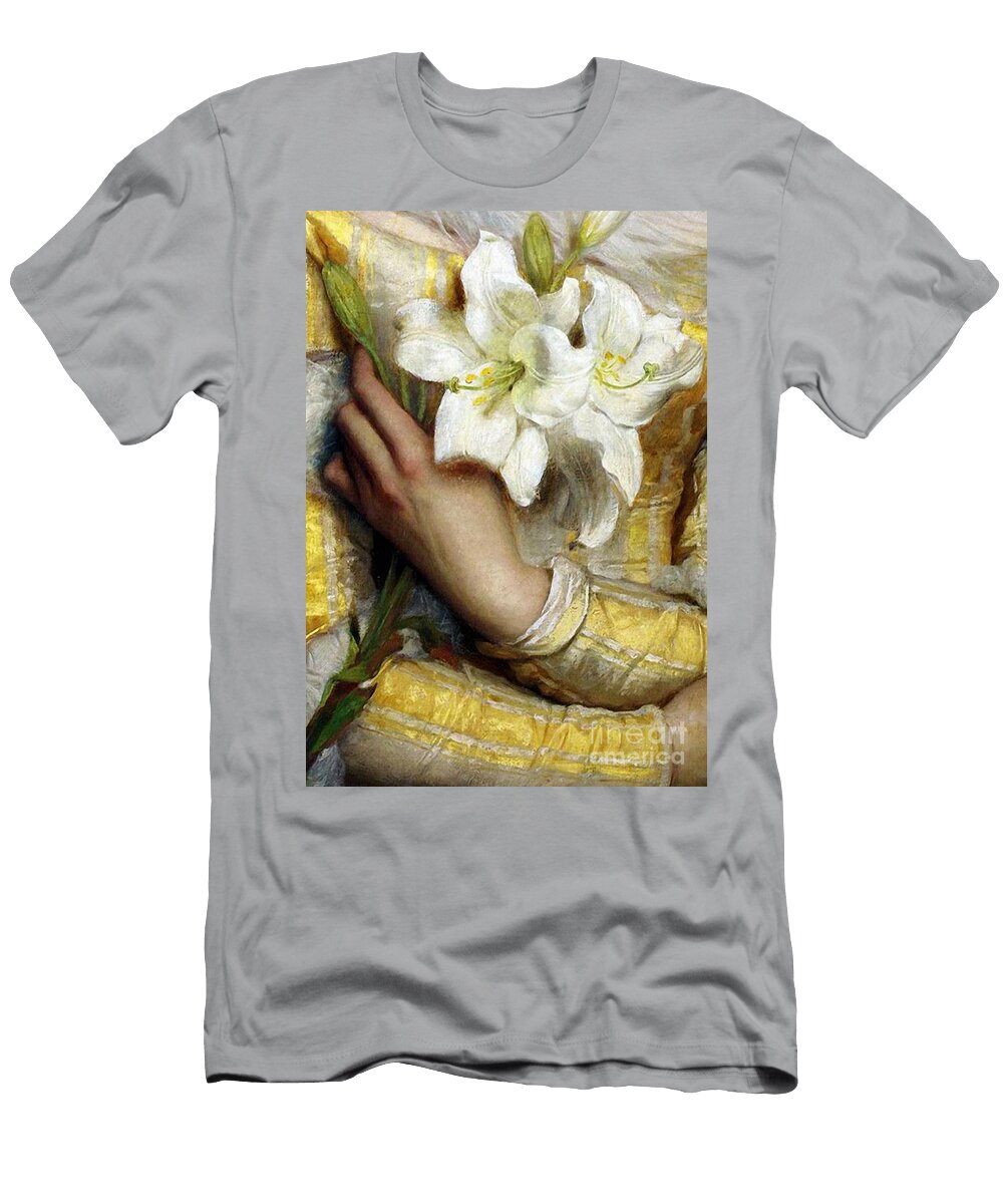 Pre Raphaelite Woman Clutching White Lilies Detail Tina Lavoie T-Shirt